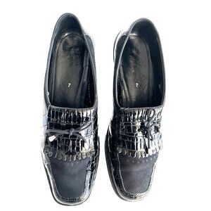 ARA Rachel Loafer US SZ 9.5 Wedge Slip On Shoe Black Patent Leather Faux Croc